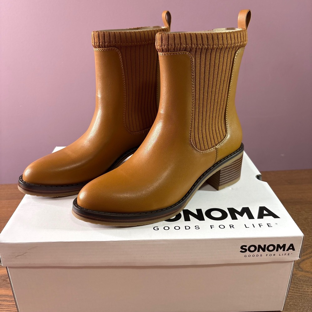 Sonoma Iedda Ankle Boots Womens 7.5 Cognac New in Box Knit Block Heel Booties